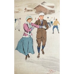 Carlo Pellegrini. Couple de patineurs. Gouache originale. Ca 1900.