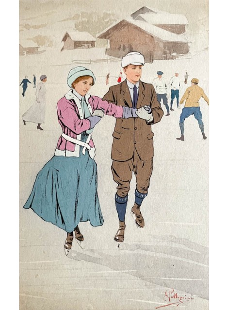 Carlo Pellegrini. Couple de patineurs. Gouache originale. Ca 1900.